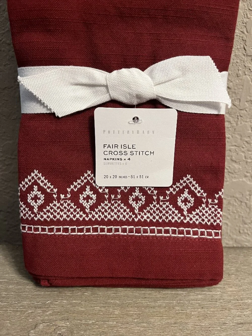 Pottery Barn Fair Isle Cross Stitch Set of 4 Red Cloth Napkins